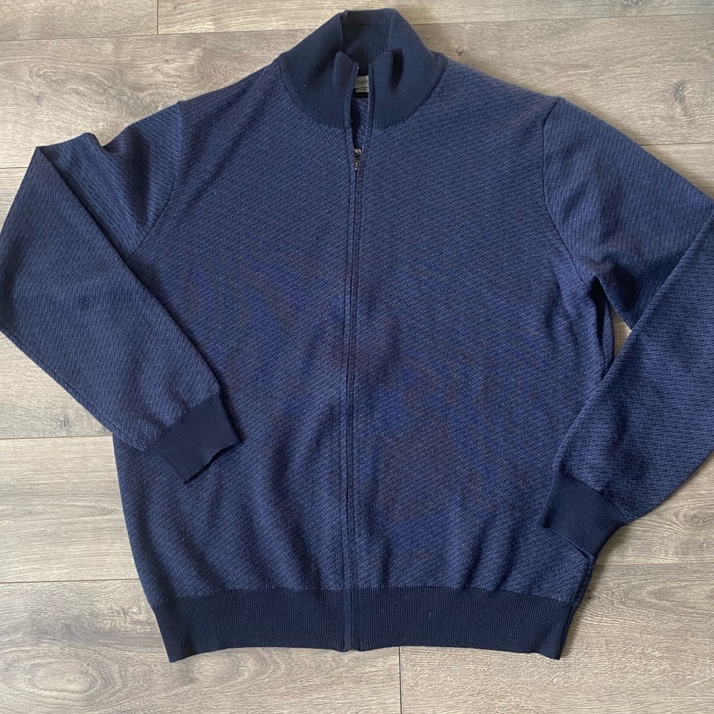 Corneliani Navy Blue Patterned Virgin Wool Zip Sweater Mens Size EUR 54 G130